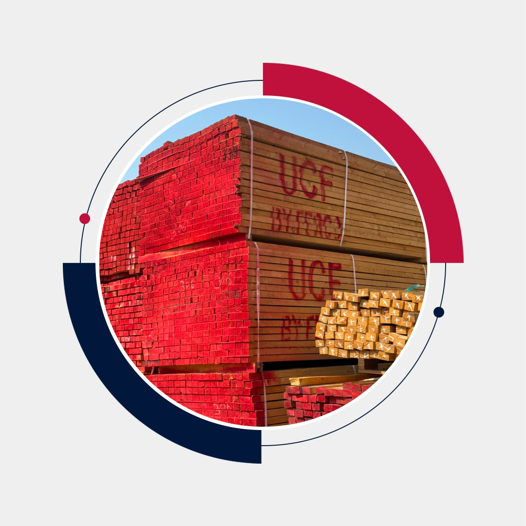 Whitewood timber Oman: red-marked construction softwood stacks
