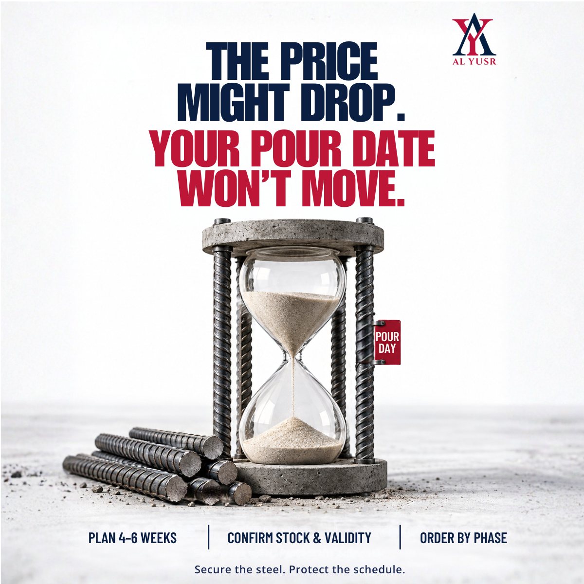 Hourglass built from steel rebar: the price might drop, your pour date won't move